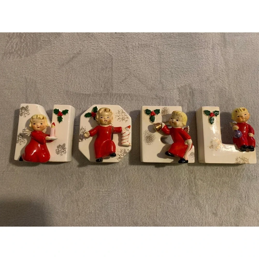 4 Napco NOEL Christmas Angel Candle Holder Wall Pocket Figurines 1956 Japan VTG